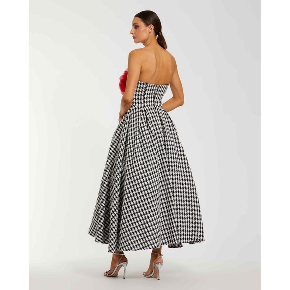 NWT Mac Duggal Ieena‎ Black White Strapless Boucle A Line Midi Dress W/3D Flower - Picture 10 of 15